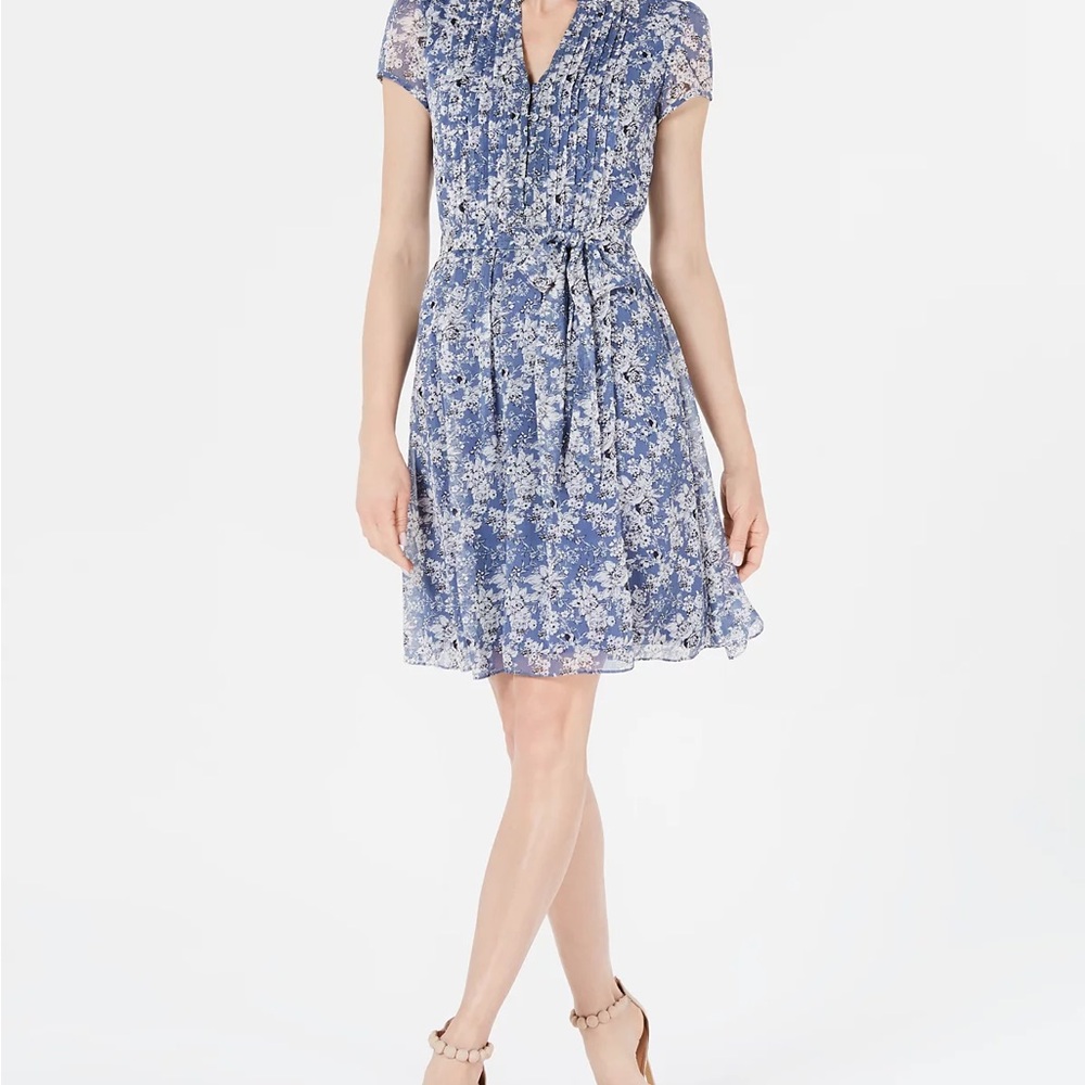 MSK Short-Sleeve Floral Pintuck Dress